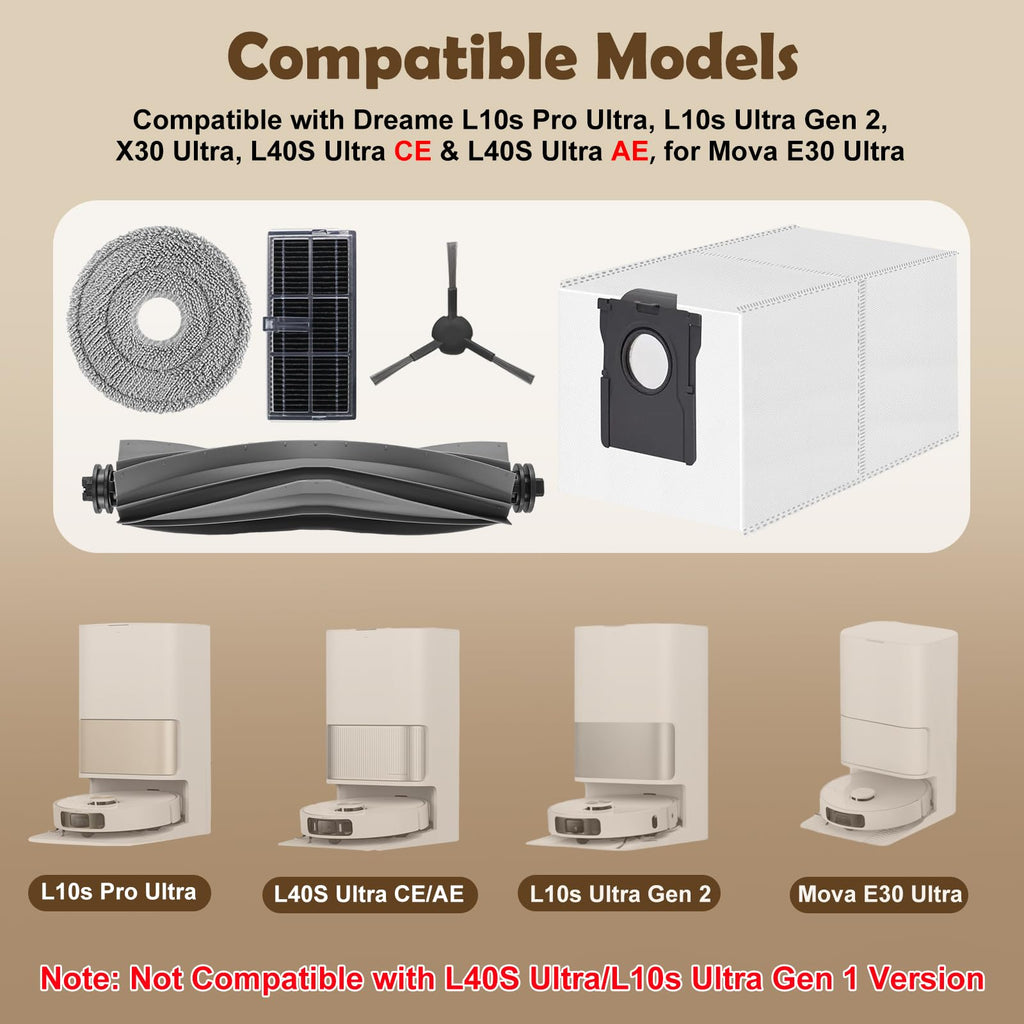 Spofan Accessories for Dreame L10s Ultra Gen 2/L10s Pro Ultra/X30 Ultra/L40s Ultra AE/L40s Ultra CE, Mova E30 Ultra Robot Vacuum, 1 Main Brush, 2 HEPA Filters, 4 Side Brushes, 4 Mop Pads, 6 Dust Bags