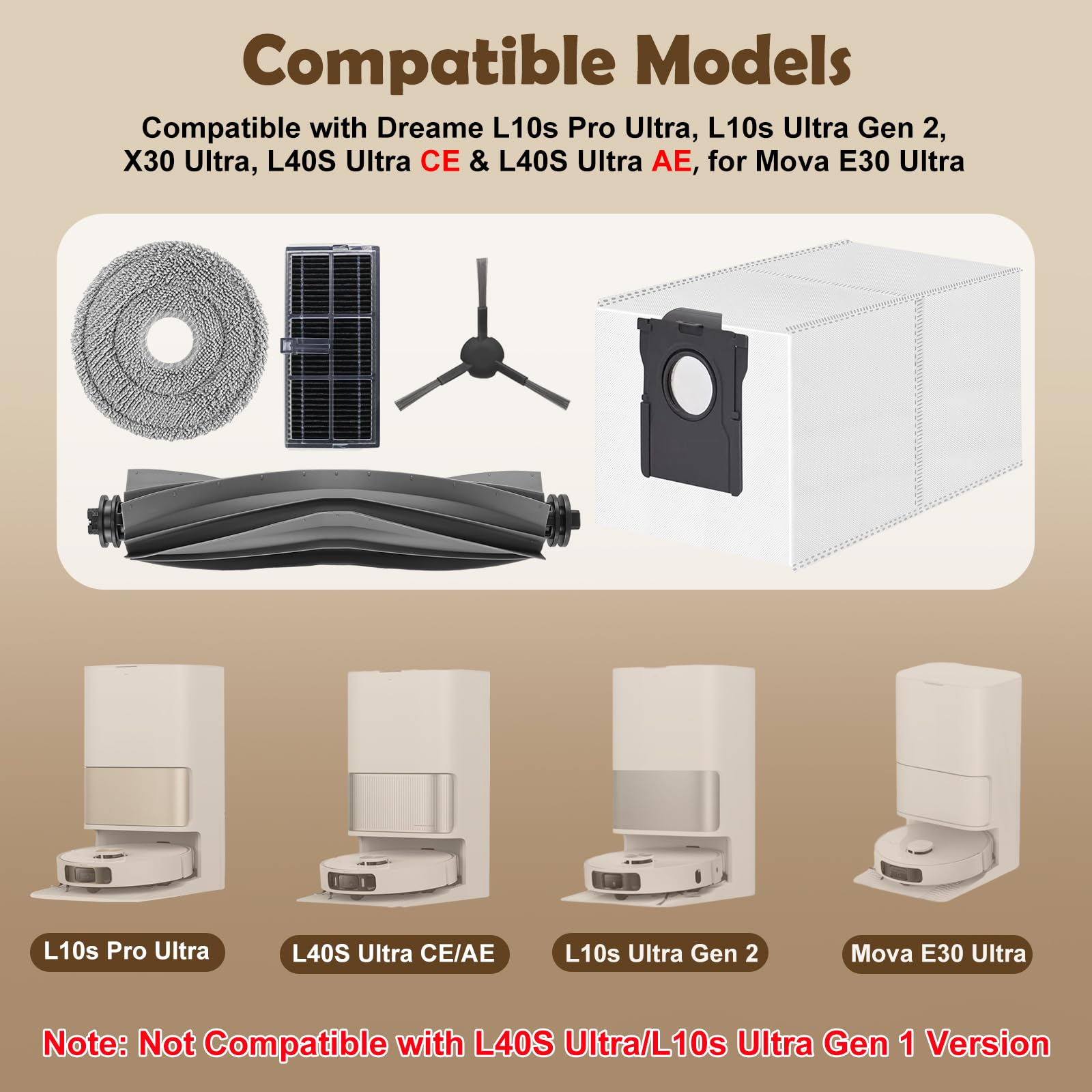 Spofan Accessories for Dreame L10s Ultra Gen 2/L10s Pro Ultra/X30 Ultra/L40s Ultra AE/L40s Ultra CE, Mova E30 Ultra Robot Vacuum, 1 Main Brush, 2 HEPA Filters, 4 Side Brushes, 4 Mop Pads, 6 Dust Bags