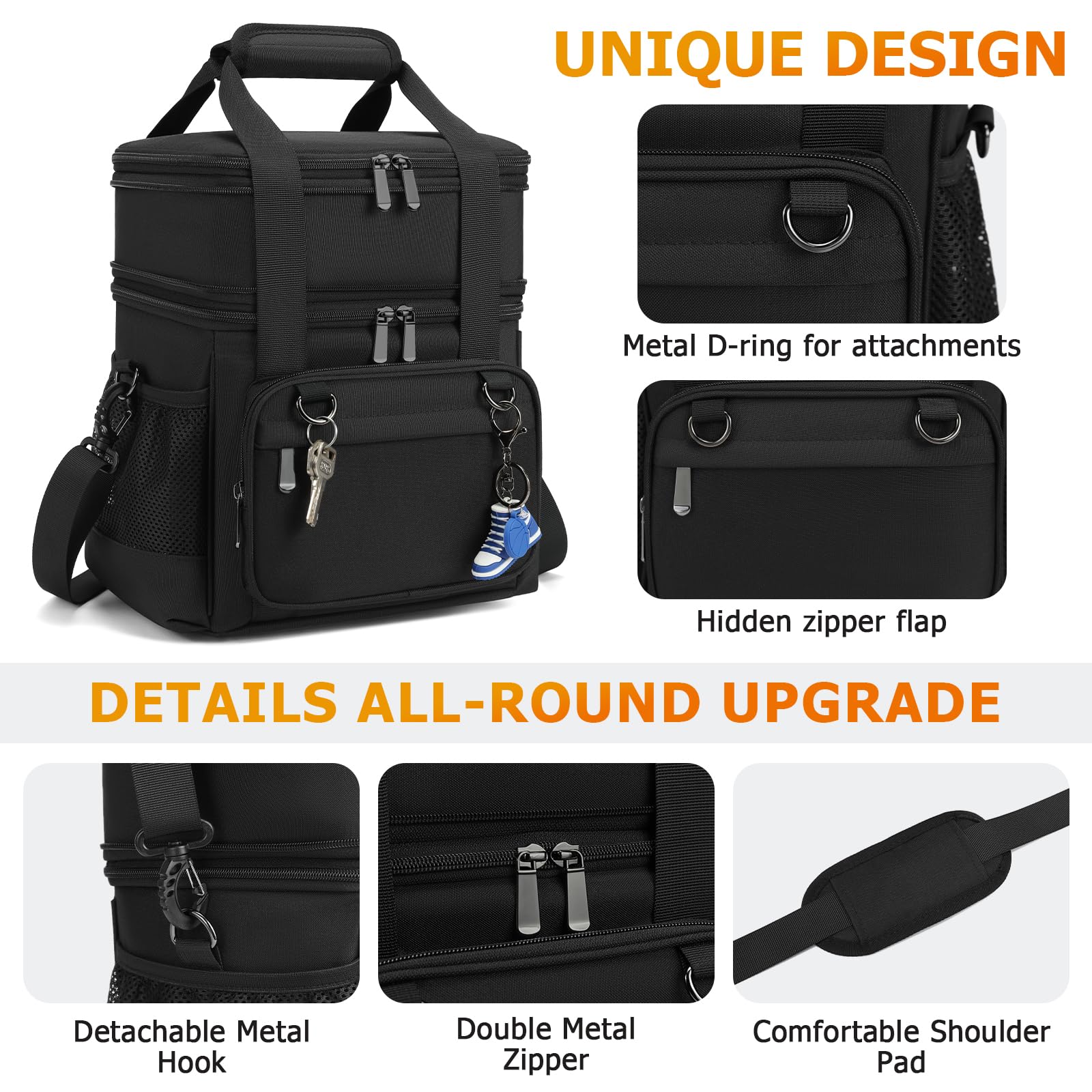 VRUCUZ Mens Lunch Bag for Work, 15L Expandable Insulated Lunch Box, Large Lunchbag for Men with Adjustable Shoulder Strap, Double Deck Adult Lunchbox Boite a Lunch Homme, Black