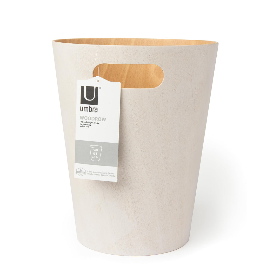 Umbra Woodrow 2-Gallon Modern Wooden Trash Can Wastebasket, Attractive Bin for Garbage or Recycling, Suitable for Home or Office, White/Natural