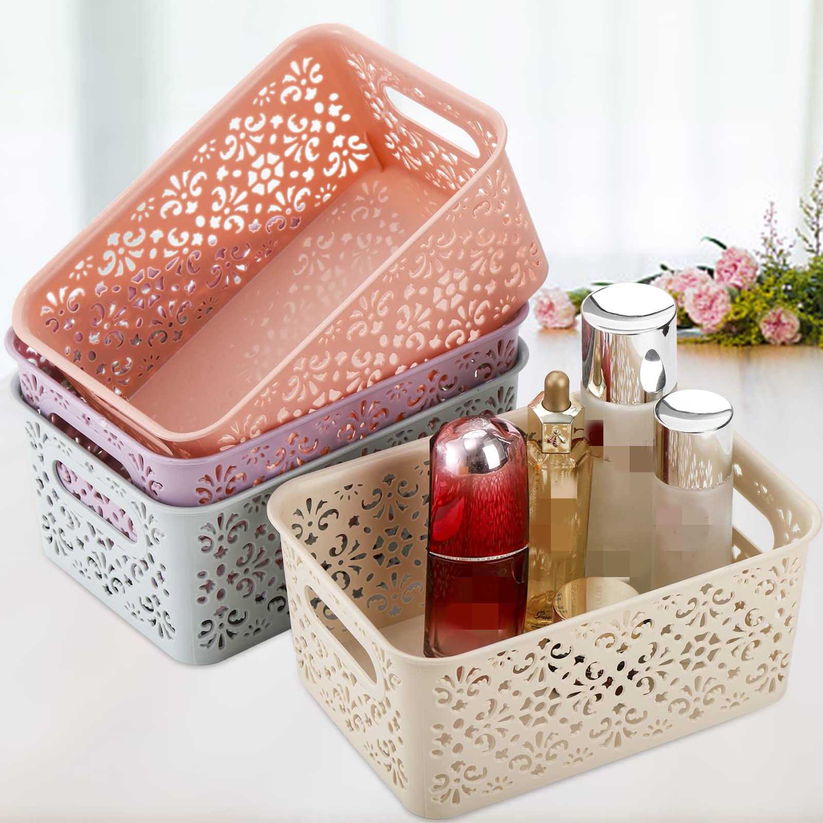 Frcctre 8 Pack Plastic Storage Baskets, Portable Small Pantry Organizer BasketS Bins with Handle, Stackable Household Organizers Nursery Basket for Home, Kitchen Cabinet Countertop Bedroom Bathroom