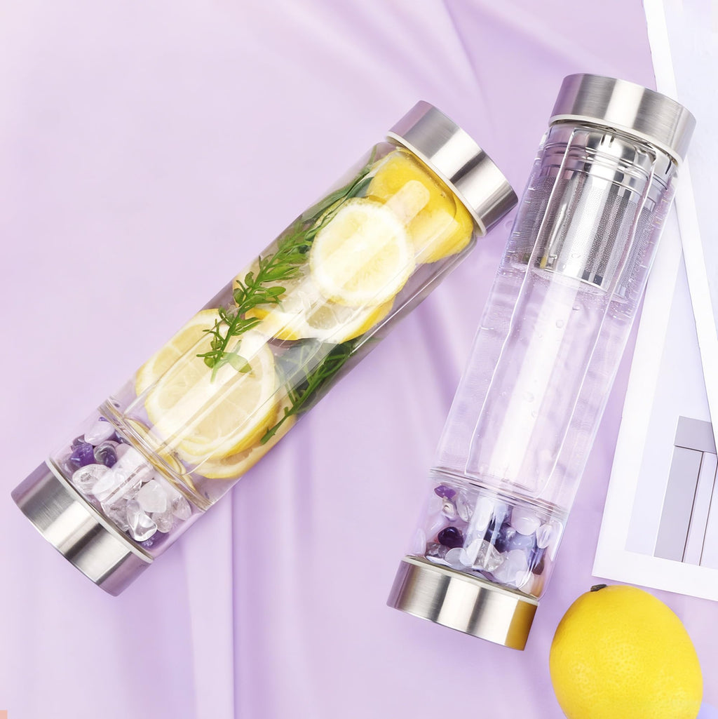 DiDiBirDi 500ml Crystal Water Bottle with Removable Strainer - Includes Amethyst & Rose Quartz Stones, for Tea Lovers