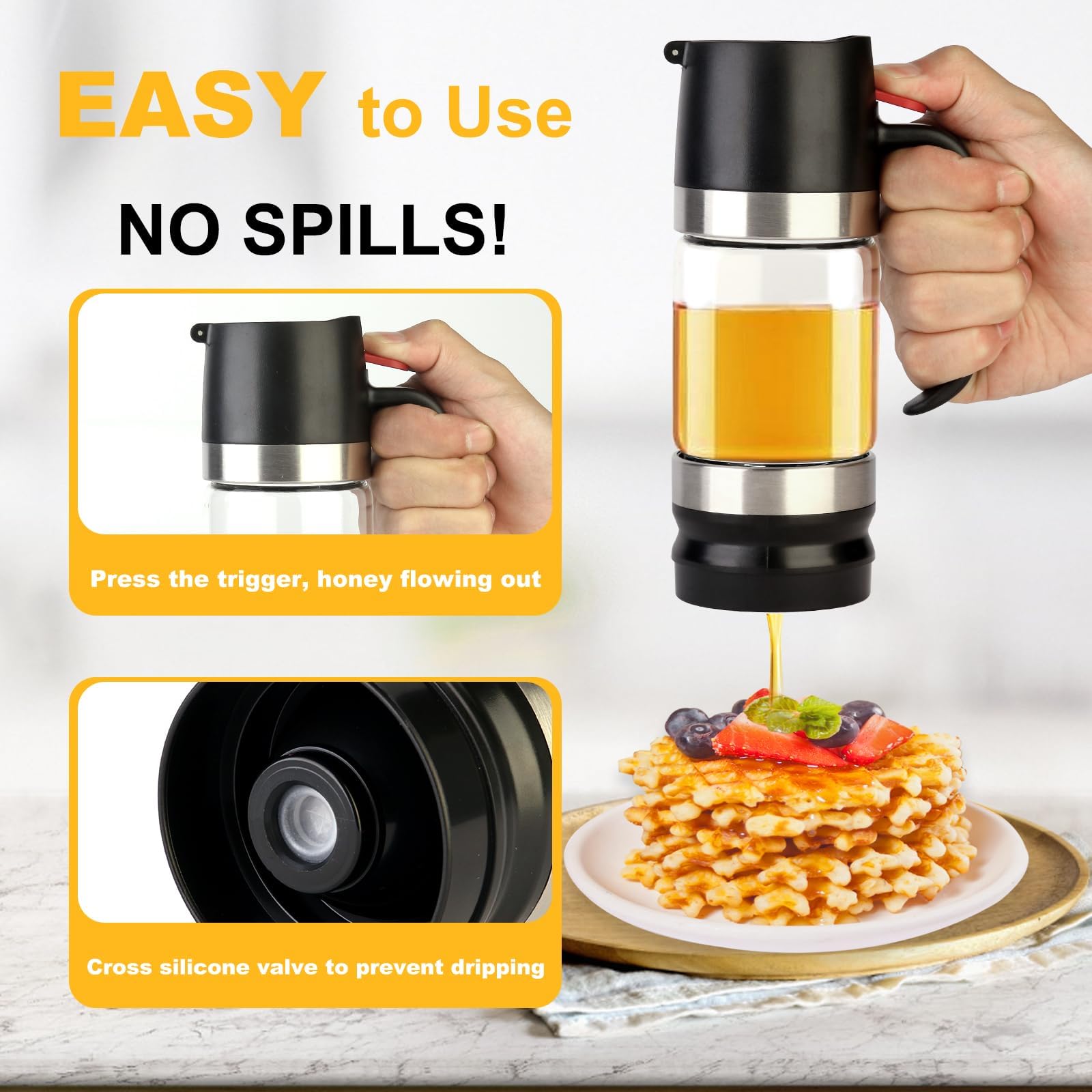 HOMKULA Glass Honey Dispenser No Drip, Maple Syrup Dispenser for Coffee, Tea, Pancake, Black (9 OZ, 1 Pack) C1