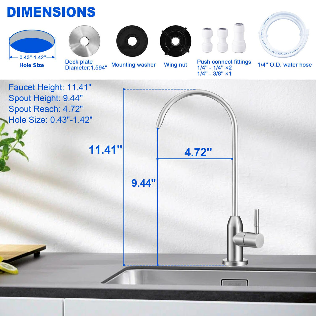 Drinking Water Faucet - Long Thread Stem Filtered Water Tap for Thick Countertop,Lead-Free RO Faucet with Hose and Push Connect Fittings(Brushed Stainless)