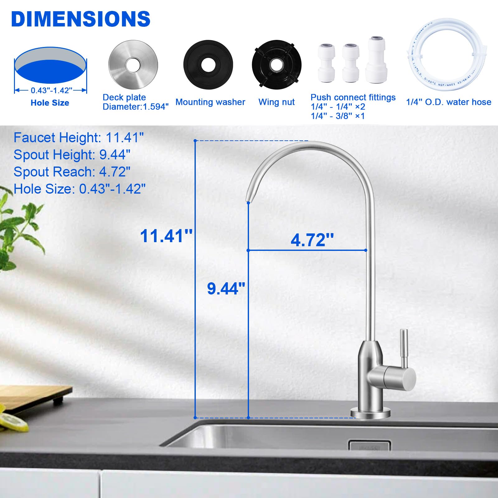 Drinking Water Faucet - Long Thread Stem Filtered Water Tap for Thick Countertop,Lead-Free RO Faucet with Hose and Push Connect Fittings(Brushed Stainless)