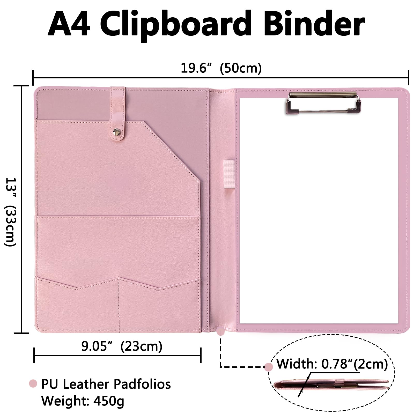 Portfolio Folder Padfolio with A4 Clipboard, PU Leather Portfolio Clipboard Business Binder Writing Clip Board Organizer for Legal Documents Business Card Men Women Pink
