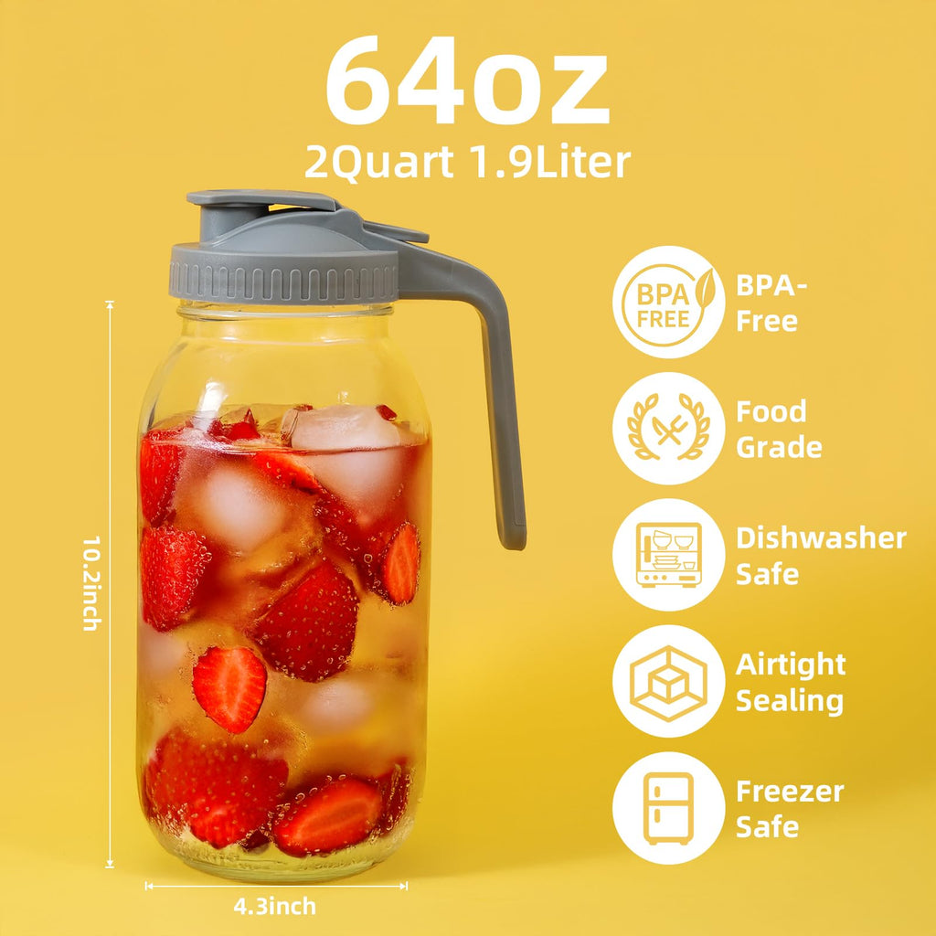AsstarJTK Glass Mason Jar Pitcher - 64 oz/2 Quart Wide Mouth Jug with Lid and Pour Spout, Airtight Seal, Leak Proof Iced Tea Pitcher for Sun Tea, Juice, Breast Milk, Cold Beverages, Coffe