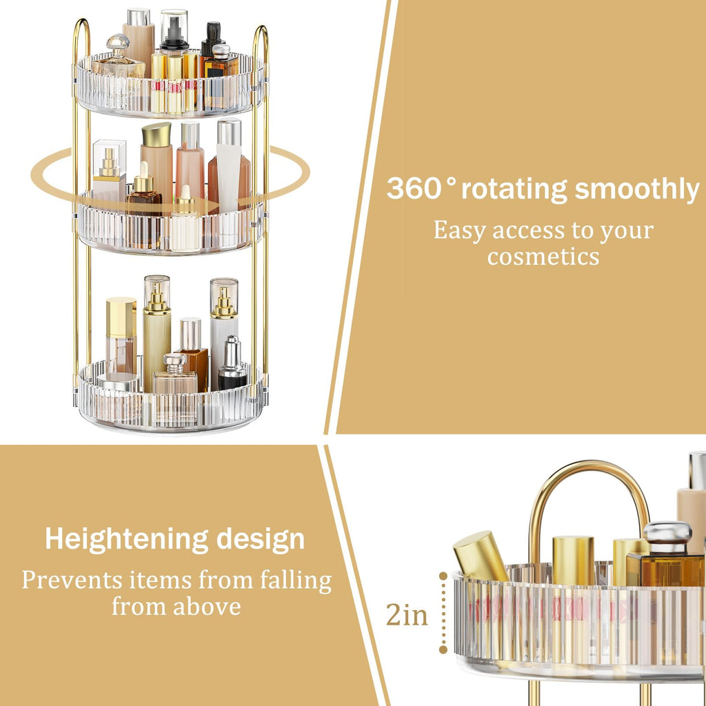 Mokani 360 Rotating Makeup Organizer, 3 Tiers Perfume Organizer, Large Capacity Cosmetic Skincare Storage, Multi-Function Perfume Stand for Vanity, Bathroom and Bedroom, Clear