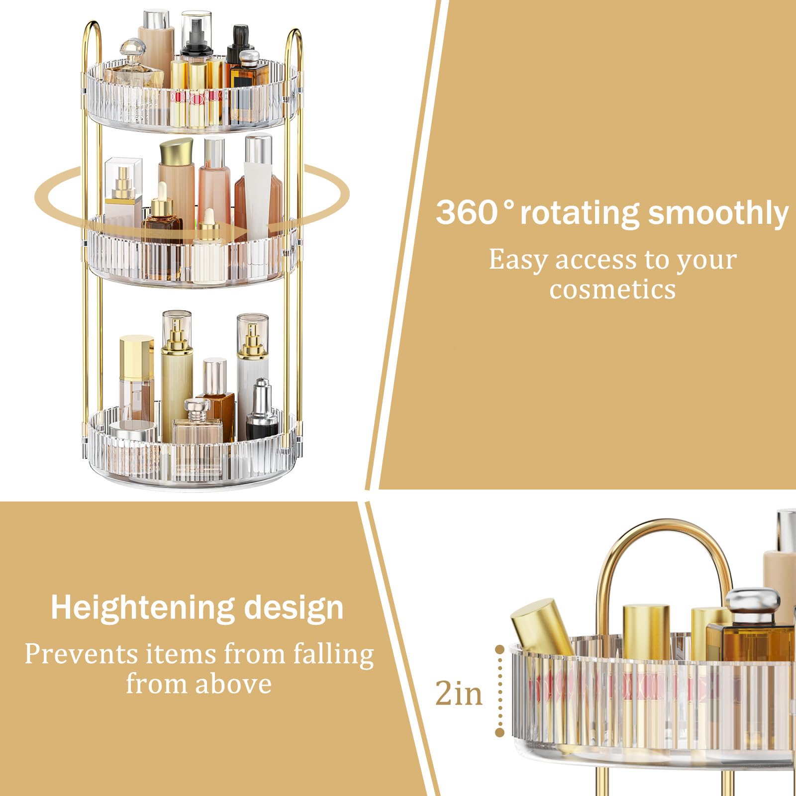 Mokani 360 Rotating Makeup Organizer, 3 Tiers Perfume Organizer, Large Capacity Cosmetic Skincare Storage, Multi-Function Perfume Stand for Vanity, Bathroom and Bedroom, Clear