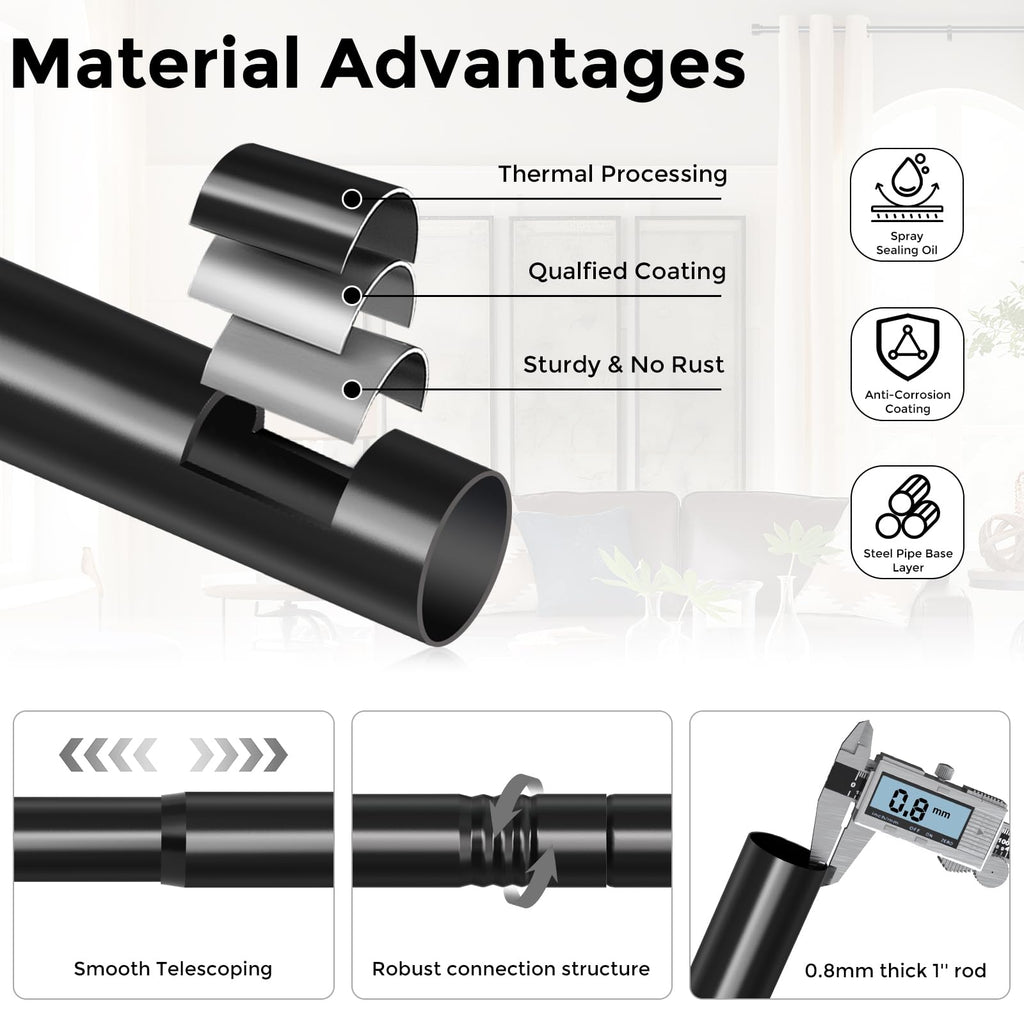 Modern Black Curtain Rods for Windows 48 to 84 Inch, 1" Diameter Adjustable Heavy Duty Window Treatment Rods with Matte Black End Cap Finials, Decorative Drapery Rods, Easy Installation
