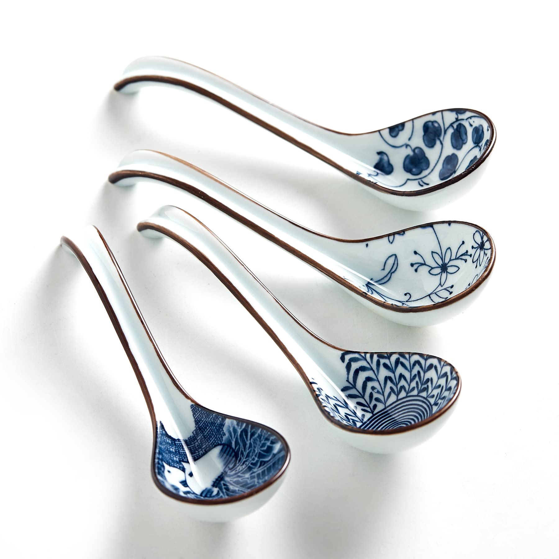 Asian Soup Spoons Set of 4, Ceramic Ramen Soup Spoon with Long Hook Handle, Deep Asian Spoon for Pho, Chinese Wonton, Dumplings, Japanese Miso, Udon, Dishwasher Safe, Blue and White