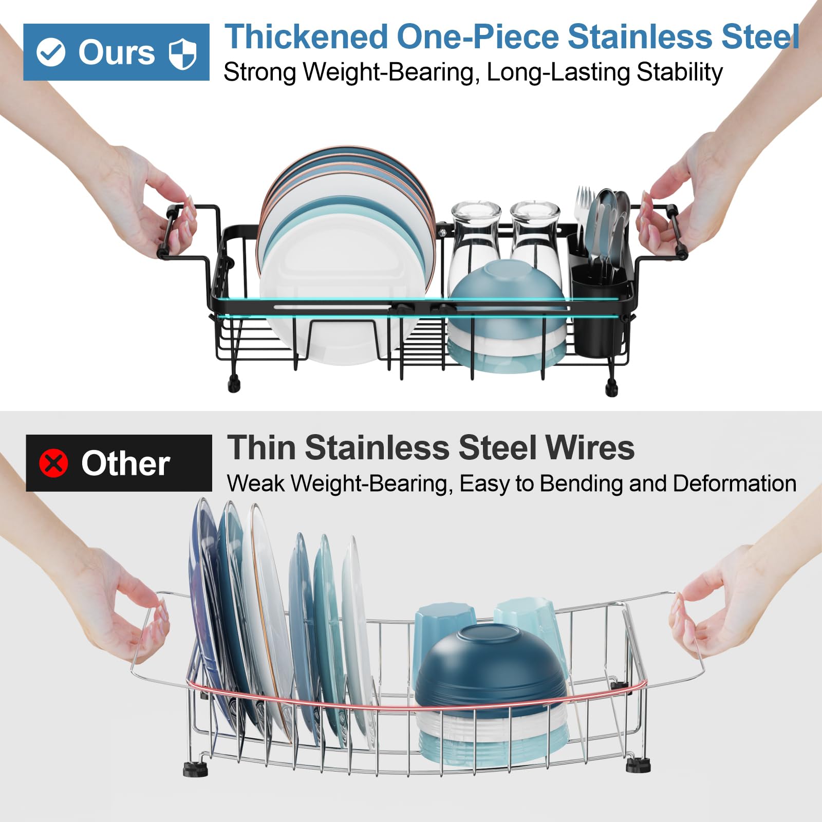 GSlife Small Sink Dish Drying Rack, 9" W Expandable Compact Rust Resistant Dish Drainer for RV Apartment Kitchen, Dish Rack with Lock Knob, Arms with Non Slip Rubber, 12"–16.8" L, Black