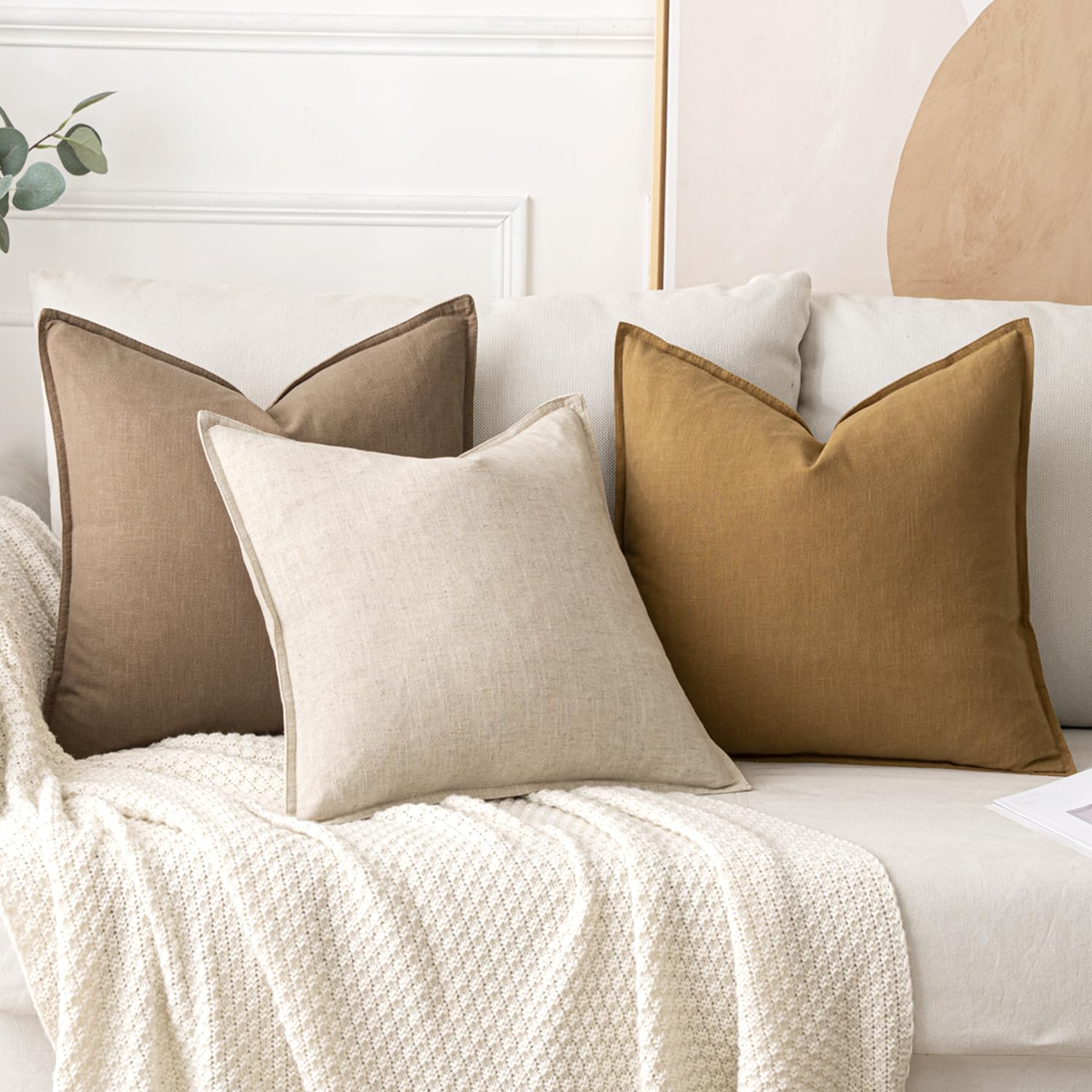 MIULEE Linen Pillow Covers Pack of 2 Decorative Throw Pillow Covers Soft Accent Boho Farmhouse Couch Pillowcases Modern Home Decors for Sofa Cushion Living Room Bed 18x18 Inch Natural Beige