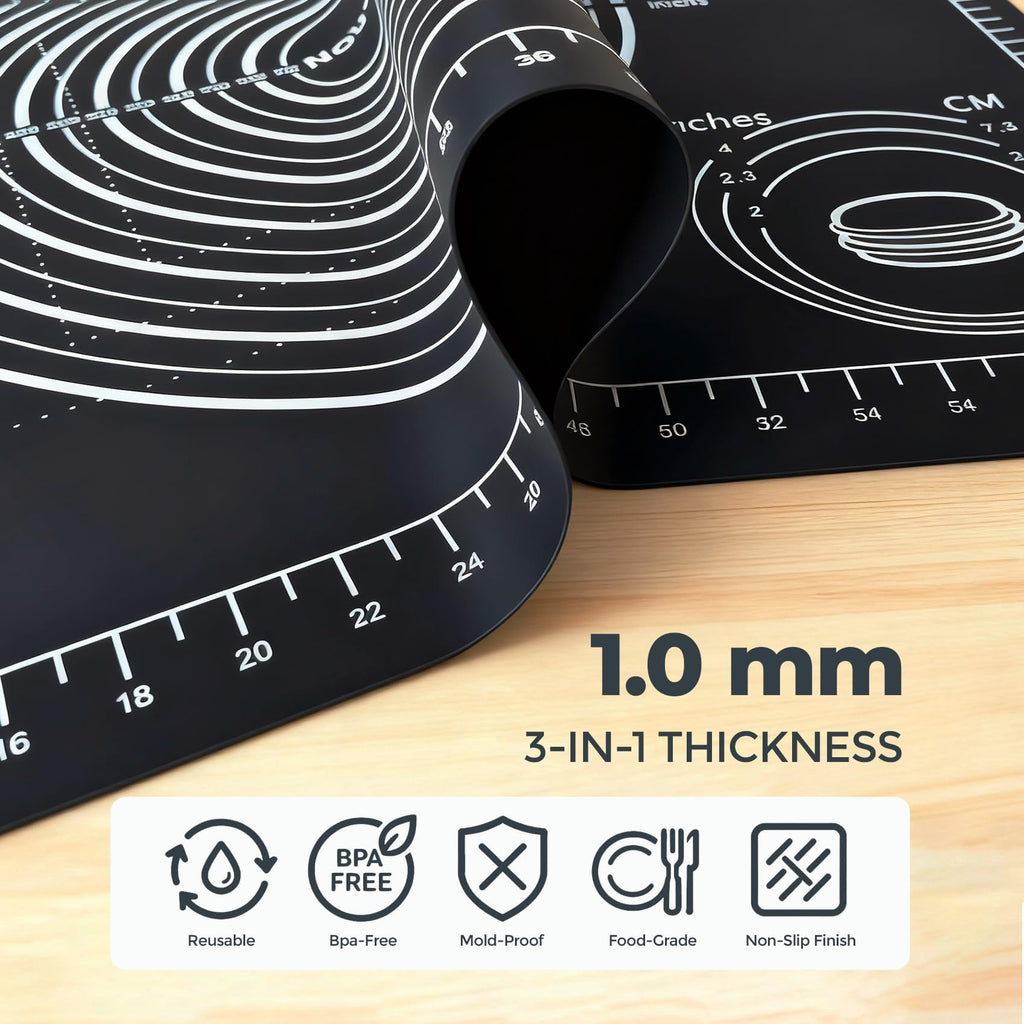 Nauvora Extra Large Baking Mat - 28" Silicone Pastry Mat, Reusable Non-Stick Dough Mat with Measurement for Fondant, Rolling Dough, Pie Crust, Pizza and Cookies, Black