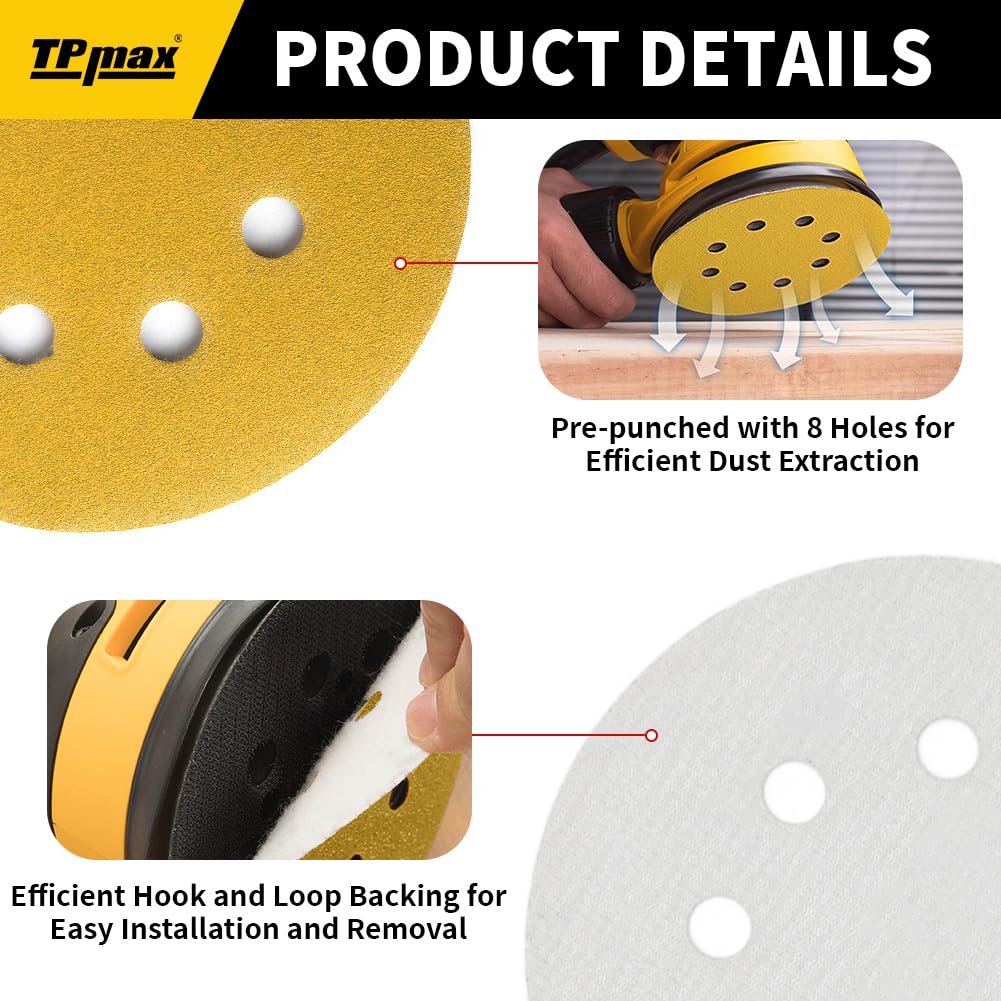 100PCS 5 Inch 125mm 8 Hole Sanding Discs Sandpaper Mixed Grits - Premium Gold Round Hook and Loop for Random Orbital Sander (60, 80, 120, 220, 320 Grit Variety Pack)