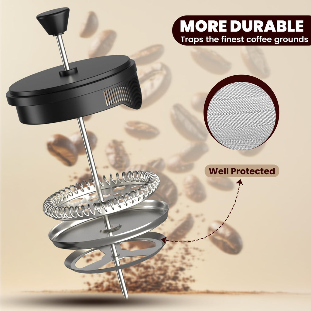 KICHLY - 34 Ounce French Press Espresso and Tea Maker with Triple Filters, Stainless Steel Plunger and Heat Resistant Borosilicate Glass, Black