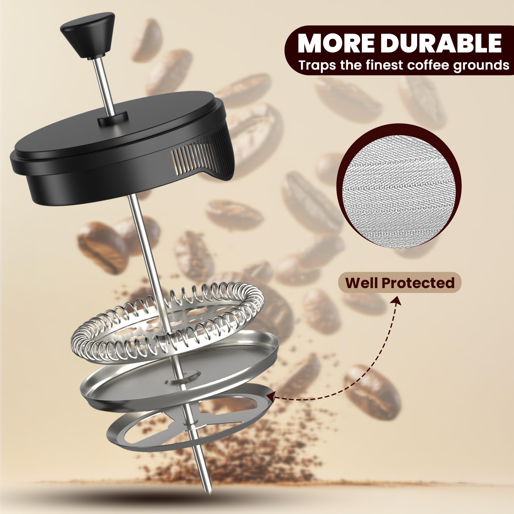KICHLY - 34 Ounce French Press Espresso and Tea Maker with Triple Filters, Stainless Steel Plunger and Heat Resistant Borosilicate Glass, Black