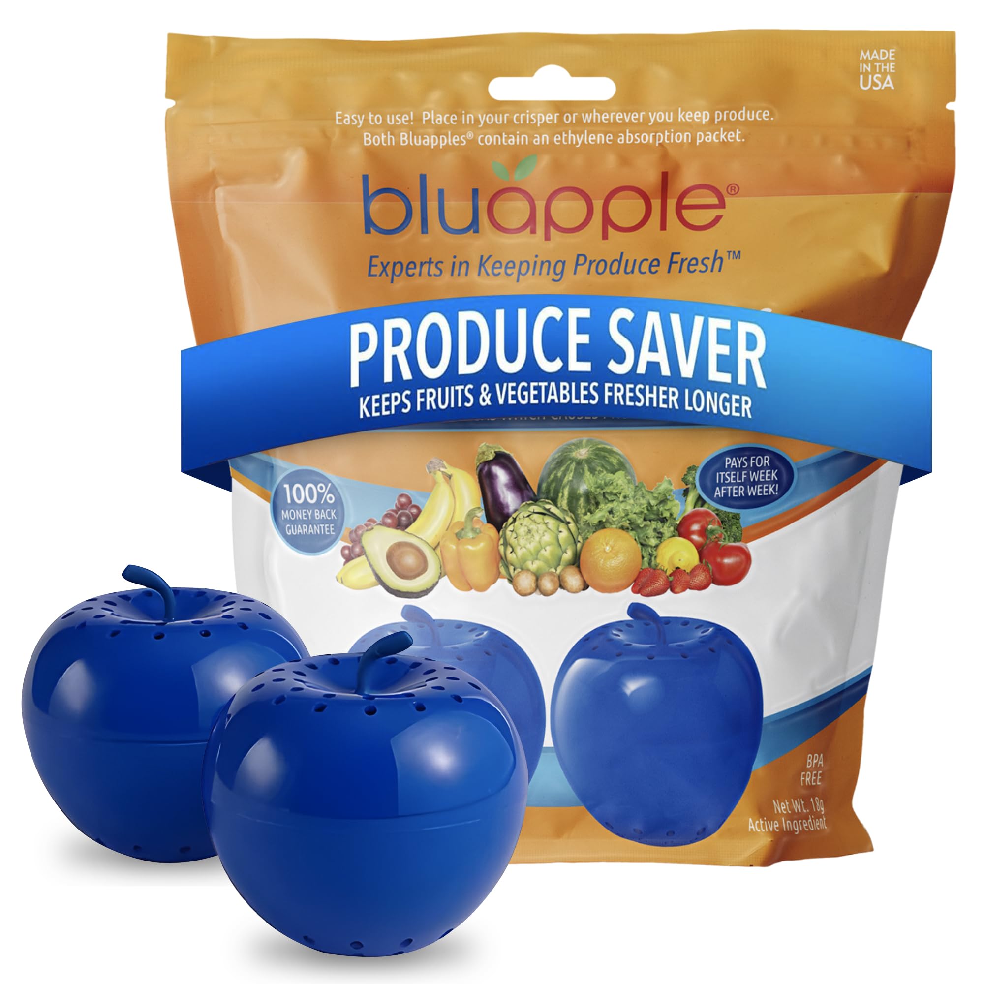 Bluapple Produce Saver 2-Pack - Keeps Fruits & Vegetables Fresh Longer in Refrigerator Crisper, Shelves, and Fruit Bowls, Lasts up to 3 Months, Ethylene Gas Absorber, BPA Free