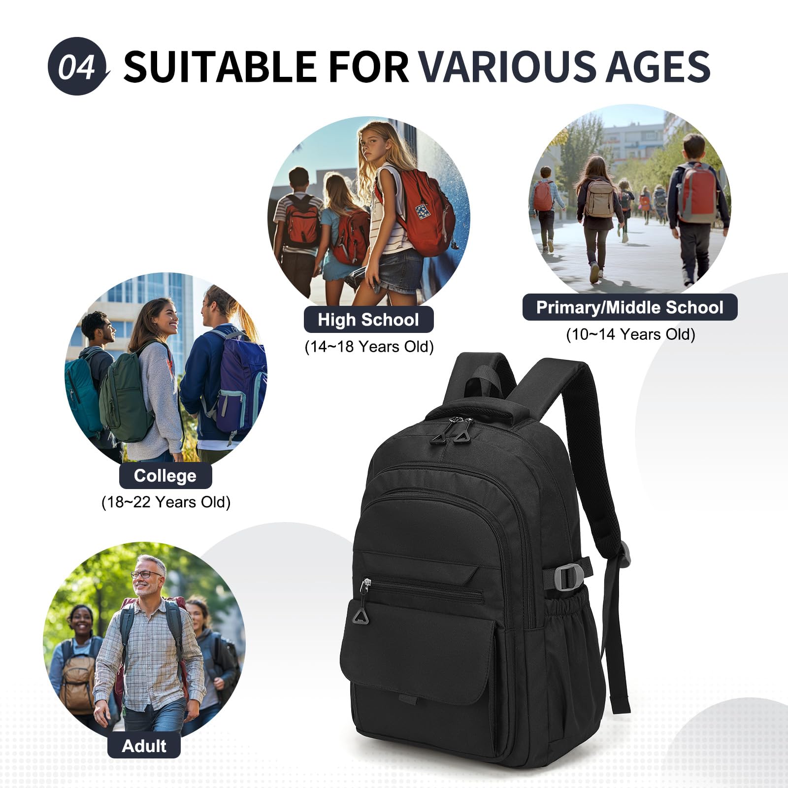 SUIKIHUM Aesthetic Daypack Backpack, Water-Resistant 15.6" Laptop Backpack for Women and Men, Featuring Touch-Fastener and Anti-Theft Pockets (Black)