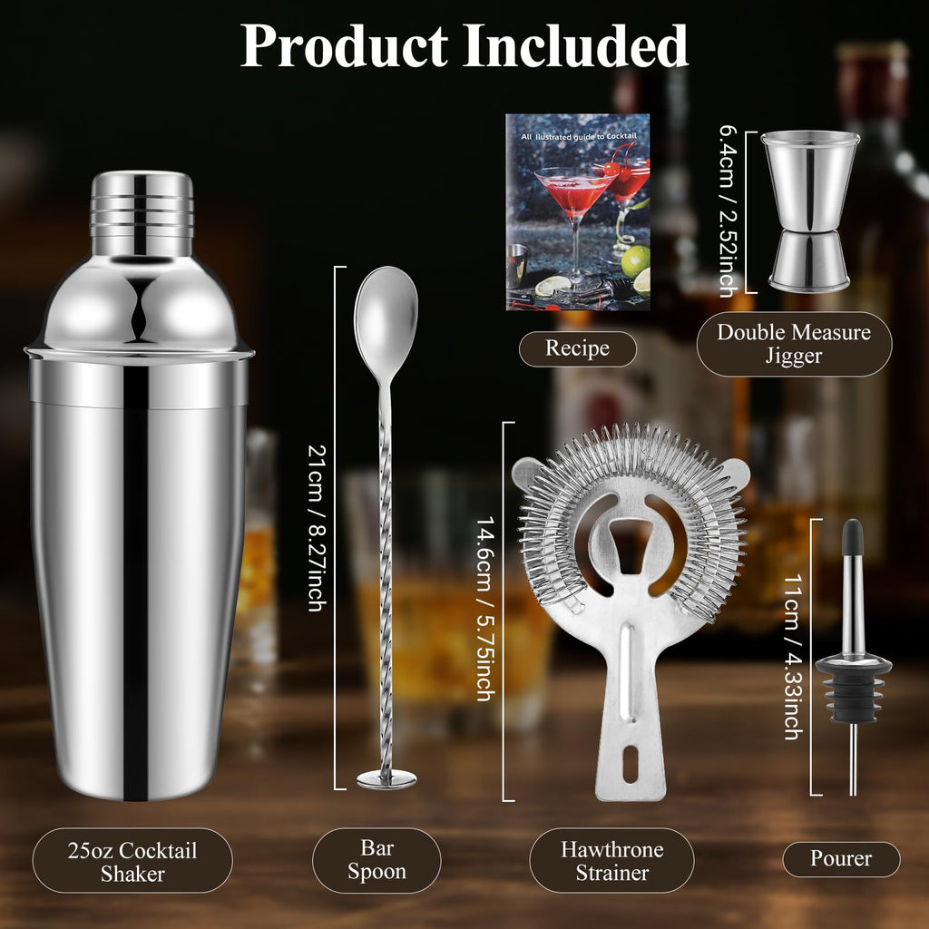 HANFLLC 24oz Cocktail Shaker Set, Drink Shaker Cocktail Kit 304 Stainless Steel, Martini Shakers with Strainer, Bar Drink Shakers for Cocktail with Mixing Spoon & Double Sided Jigger Men Gifts Ideas