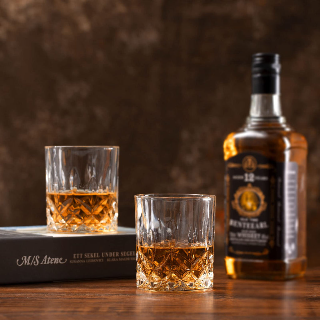 Whiskey Rocks Glass, Set of 4 (2 Crystal Bourbon Glasses, 2 Round Big Ice Ball Molds) in Gift Box - 10 Oz Old Fashioned Glasses for Scotch Cocktail Rum Cognac Vodka Liquor, Unique Gifts for Men