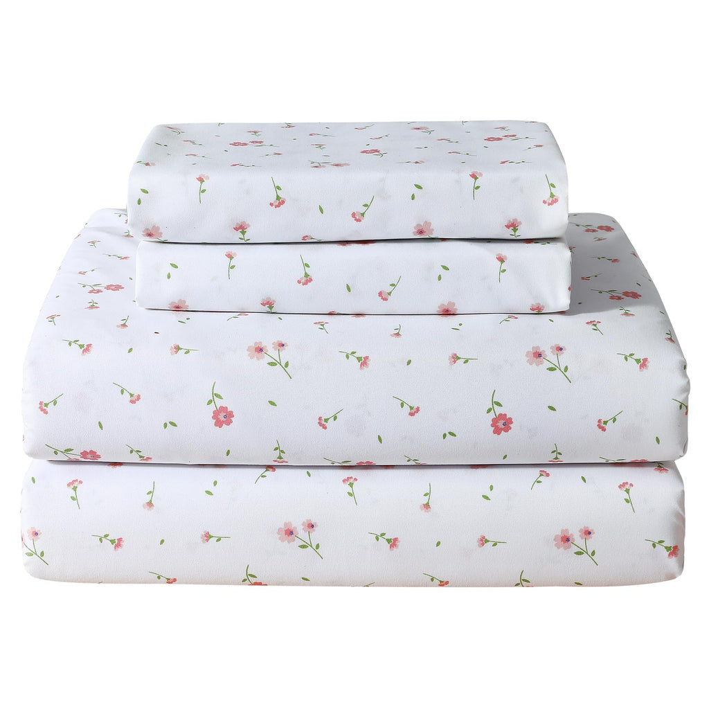 Softan Pink Floral Full Sheet Set Printed Sheets Double - 4 Piece Microfiber Patterned Fitted Sheets with 15" Deep Pocket, Cute Pink Flower Sheets with Straps