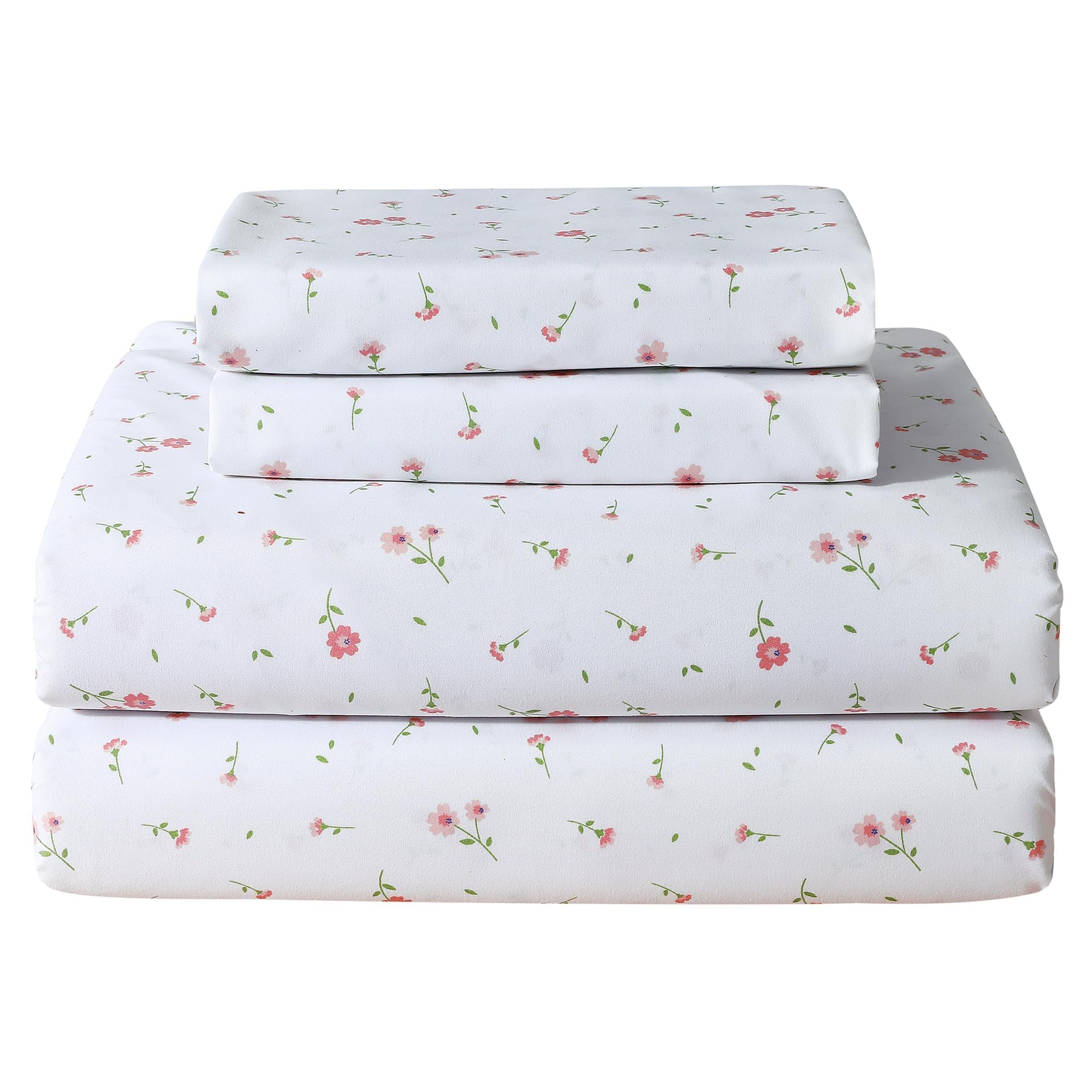 Softan Pink Floral Full Sheet Set Printed Sheets Double - 4 Piece Microfiber Patterned Fitted Sheets with 15" Deep Pocket, Cute Pink Flower Sheets with Straps