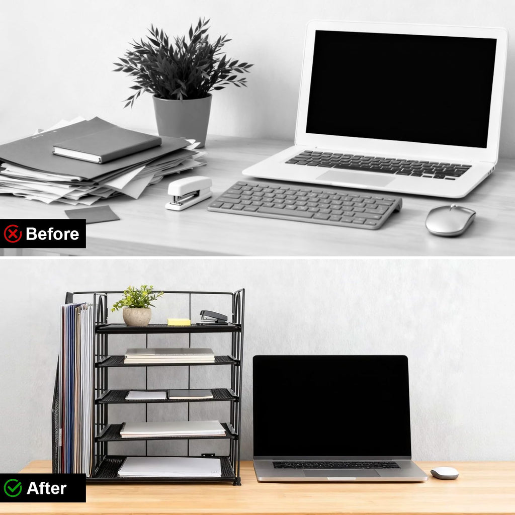 Desk Organizer with File Holder, 5-Tier Paper Letter Tray, Mesh Desktop Office Supplies with Magazine Holder for Books, Letter Tray Paper Organizer for School, Home, Office