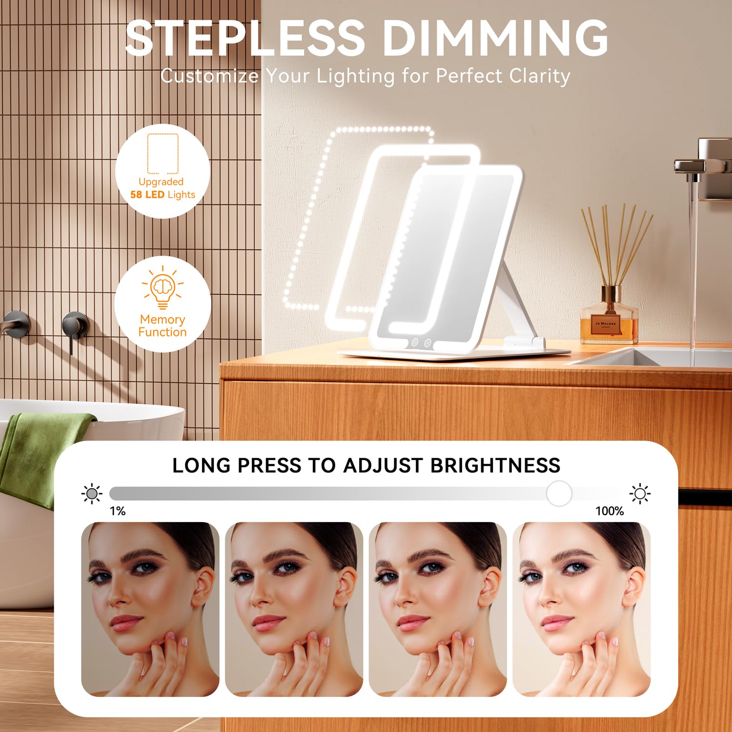 Auxmir Rechargeable Travel Makeup Mirror, Portable Travel Lighted Makeup Mirror with 3 Color Modes Dimmable, Compact Slim Tabletop LED Vanity Mirror with Touch Screen for Daily Business, White
