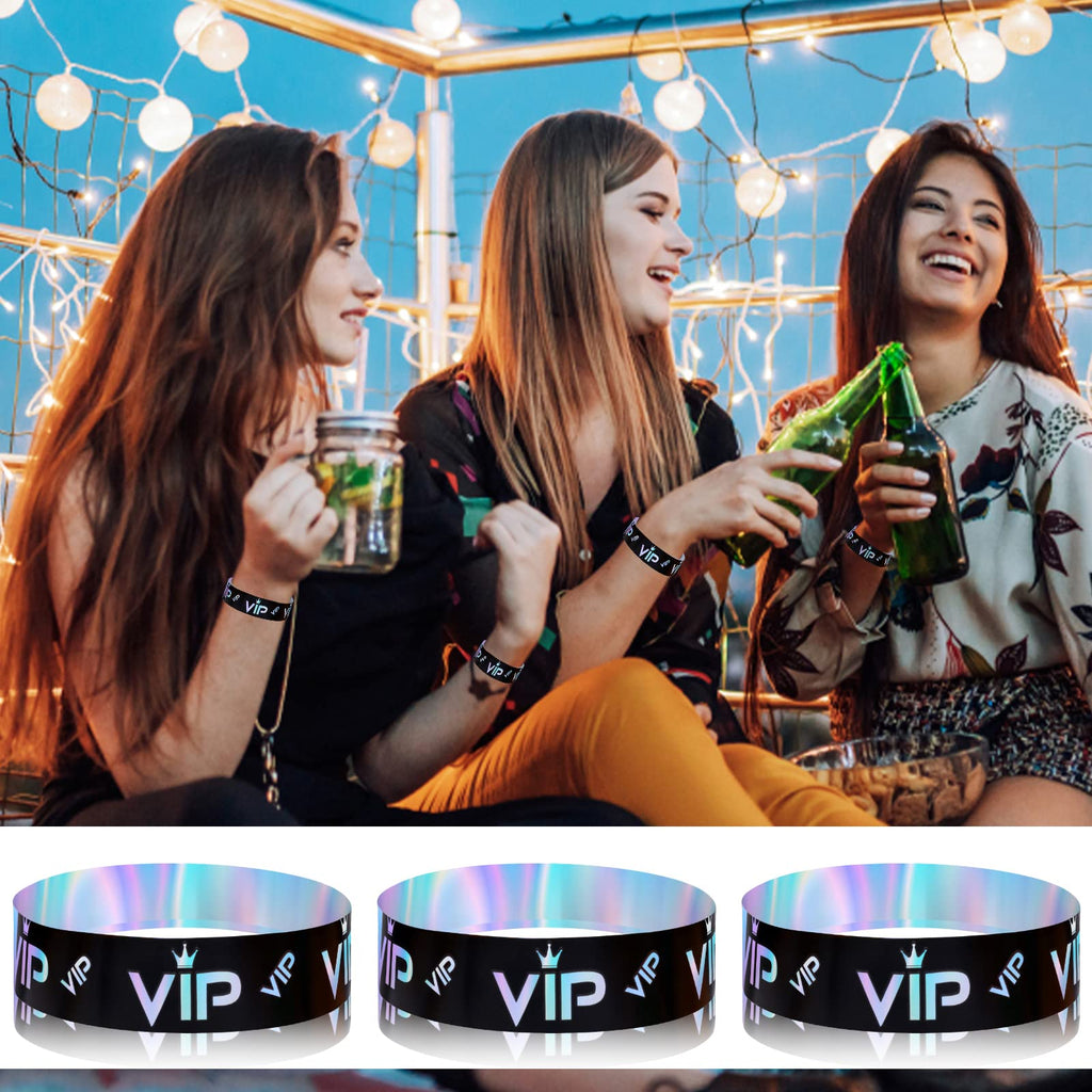 500pcs VIP Wristbands, VIP Wristband Paper Party Wristbands Paper Bracelets Wrist Bands VIP Armbands for Events Entrance VIP Party Music Festival Concerts (Holographic Black Silver)