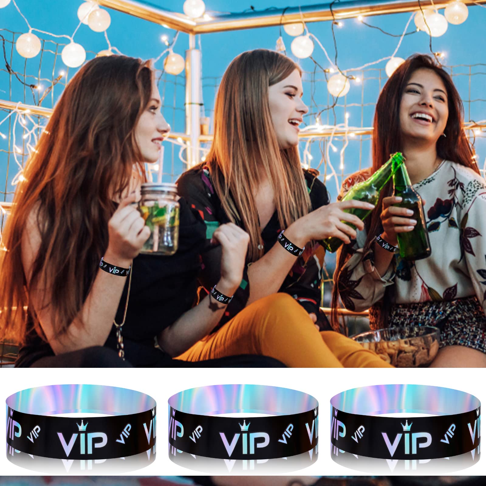 500pcs VIP Wristbands, VIP Wristband Paper Party Wristbands Paper Bracelets Wrist Bands VIP Armbands for Events Entrance VIP Party Music Festival Concerts (Holographic Black Silver)
