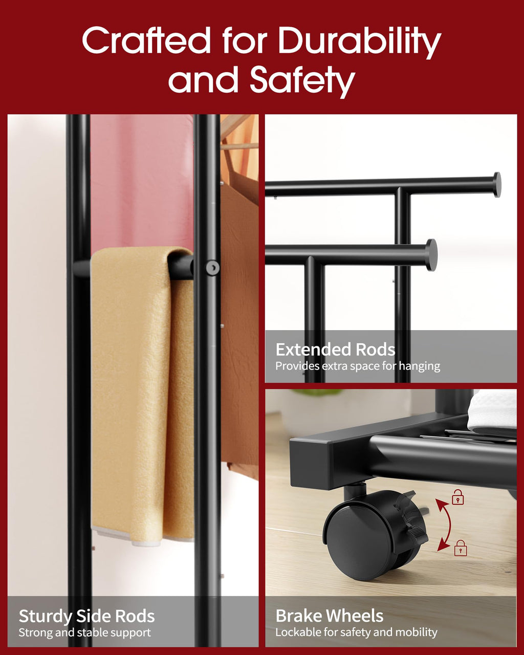 Sakugi Clothing Rack - Double Rod Coat Rack with Fixed Extension Bar, Built-In Mesh Shelf & Lockable Wheels, Multi-Purpose Clothes Rack for Bedroom, Laundry, Entryway, 98cm x 42cm x 150cm, Black