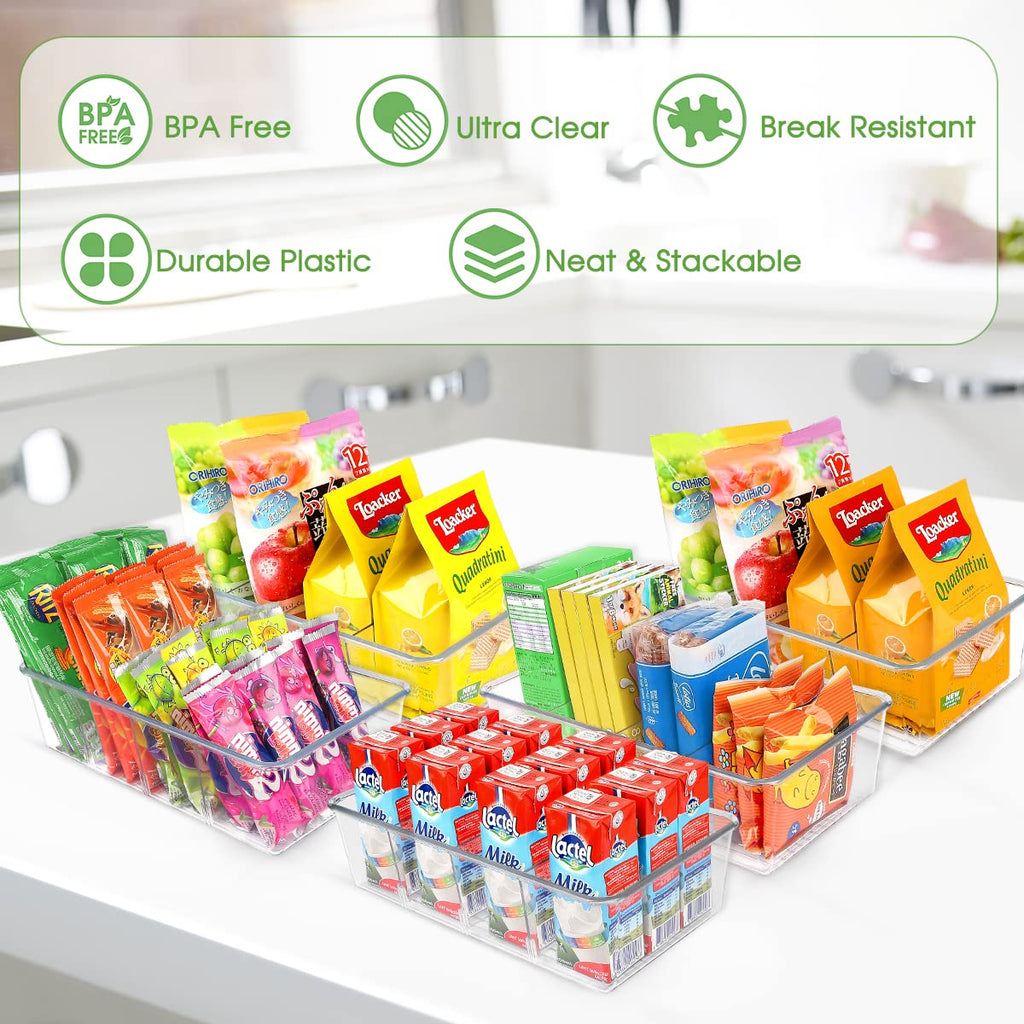 ZIZOTI Clear Pantry Organizer Storage Bins 4 Pack Plastic Removable Snack Organizer Pantry Organization Storage Racks with Removable Dividers, Perfect for Snacks, Packets, Spices, Kitchen, Cabinets