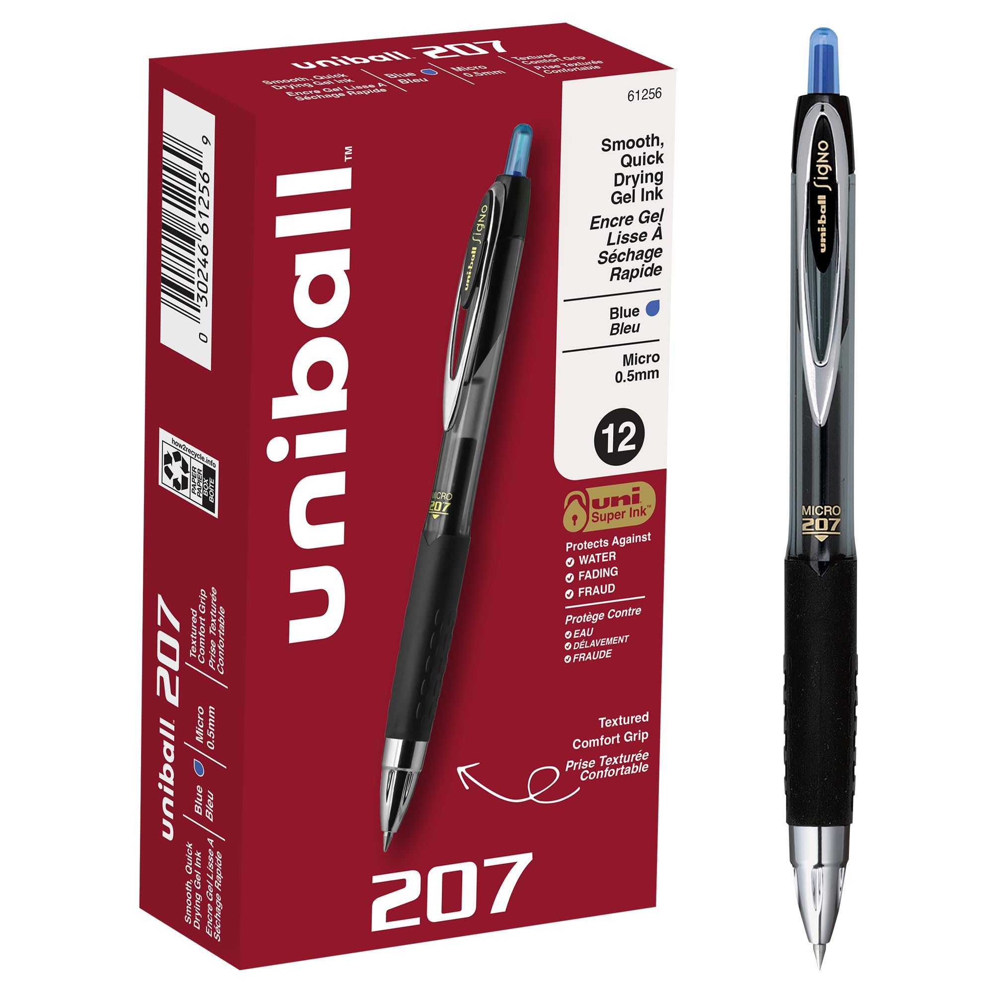 uni-ball 207 Rollerball Gel, Gel Retractable Roller Ball Pen Micro-0.5mm, 12 Pack, Blue Ink (61256)