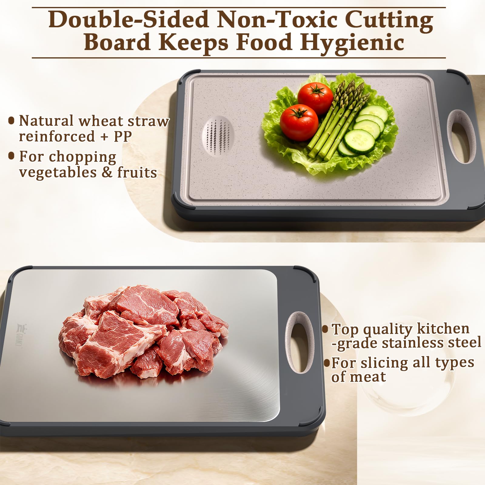 GUANCI Cutting Board for Kitchen Double Sided 304 Stainless Steel Chopping Board Food-Grade Stainless Steel and Wheat Straw PP Large Size 16”×11” Easy to Clean