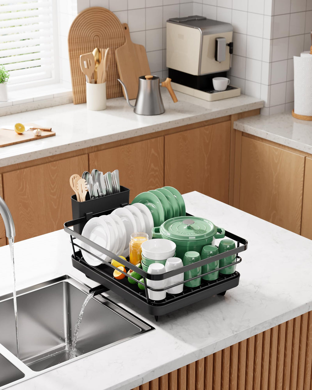 Kitsure Dish Drying Rack - Space-Saving Kitchen Counter Organizer with Cutlery Holder, Over Sink Stainless Steel Dish Rack, 29 x 38cm, Black