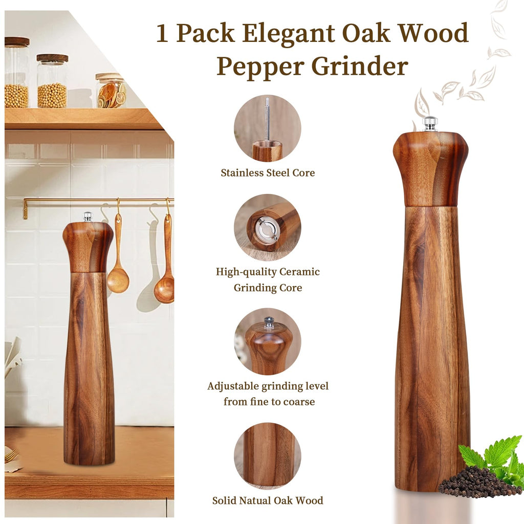Acacia Wood Pepper Grinder Pepper Mill, 10 Inches Wooden Peppermill with Adjustable Coarseness, Ceramic Grinding Motor Salt Shaker Refillable for Home Kitchen