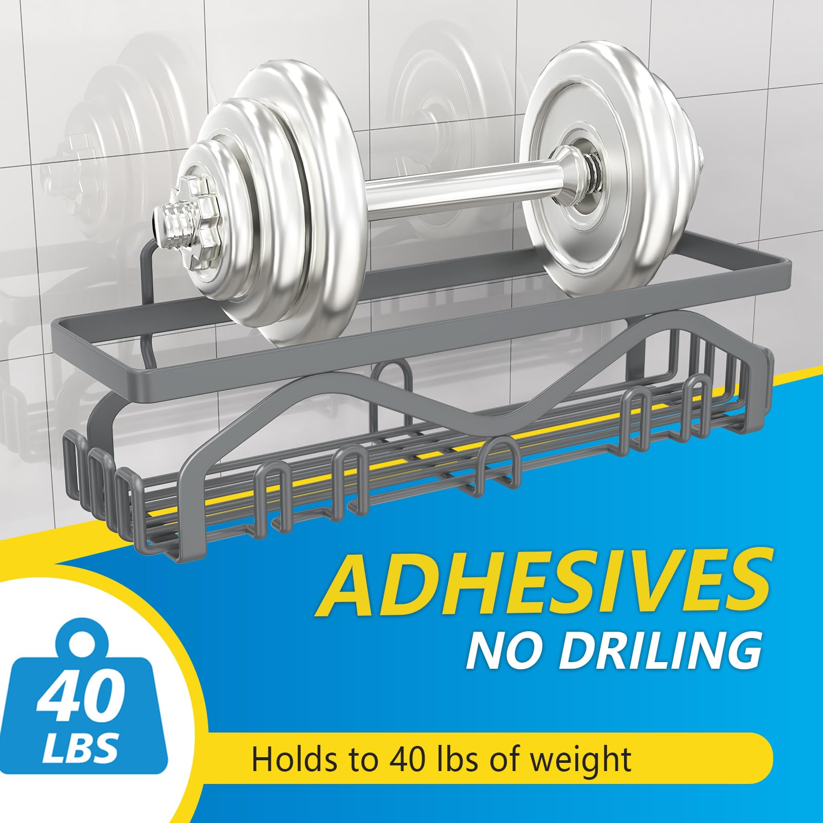 Coraje Adhesive Shower Caddy, 5-Pack Shower Shelves, Large Capacity Load Bearing 40 LBS Shower Organizer, No Drilling Shower Shelf, Rustproof Bathroom Shower Storage, Grey
