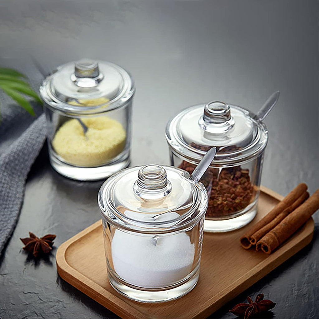 Frcctre Set of 2 Clear Glass Sugar Bowl, 6 Ounces Sugar Jar with Spoon and Lid, Salt Spice Pepper Bowl Seasoning Jar Condiment Pots Dispenser Container for Home Kitchen Restaurant Coffee Bar