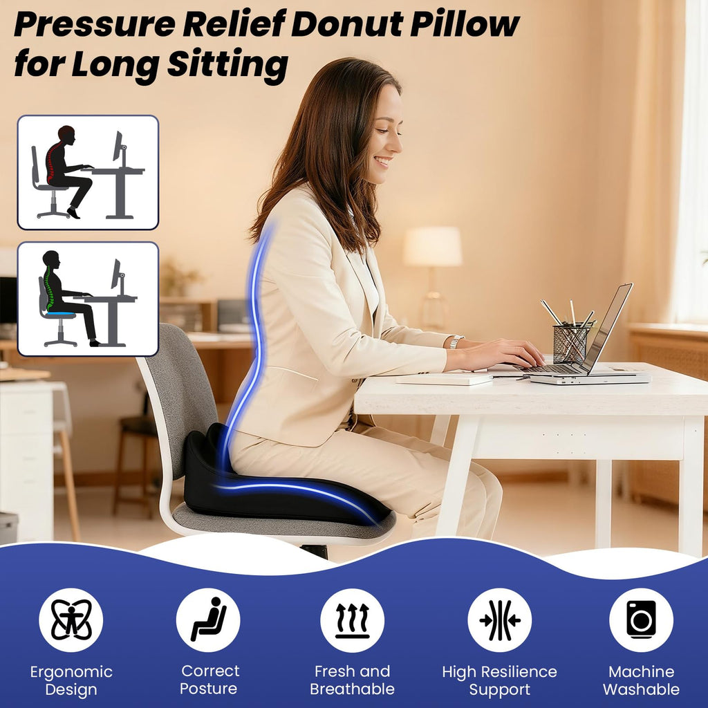 Donut Pillow Seat Cushion Memory Foam Office Chair Cushion for Long Sitting Back Wheelchair Cushion Chair Cushion for Car, Home, Pressure Relief Pad for Hip, Tailbone, Black