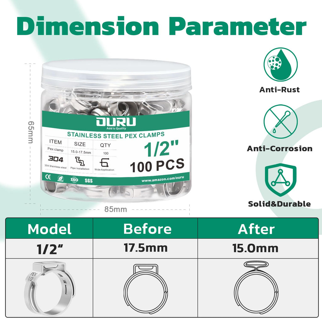 OURU 100PCS 1/2 Pex Crimp Ring,304 Stainless Steel Pex Cinch Clamps,Single Ear Hose Clamps for Pex Fittings Pipe Tubing