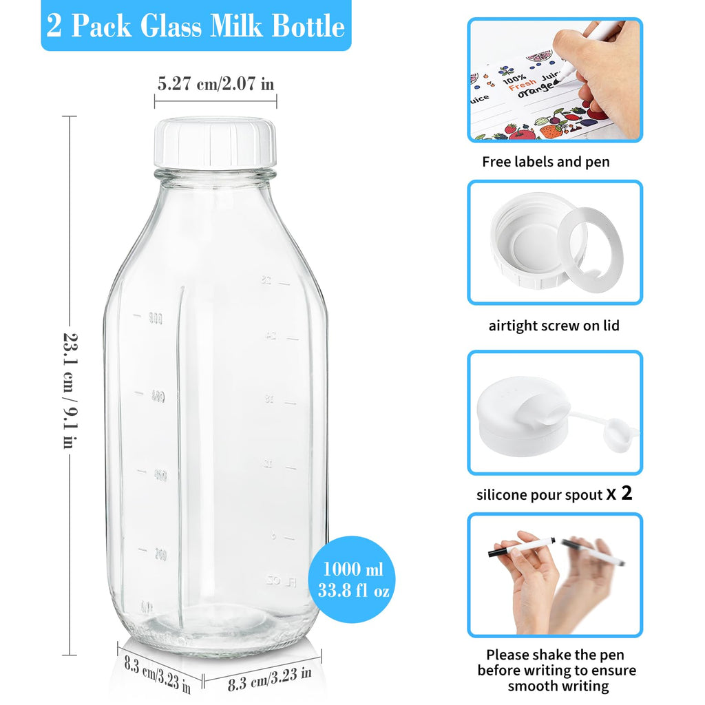 Glass Milk Bottle with 2 Dispenser Caps & 100% Airtight Screw Lid, 2 Pack 32 Oz Reusable Glass Bottles with 3 Lids! Milk Container for Oat Nut Almond Milk, Juice, Water, Cold Brew Coffee, Creamer
