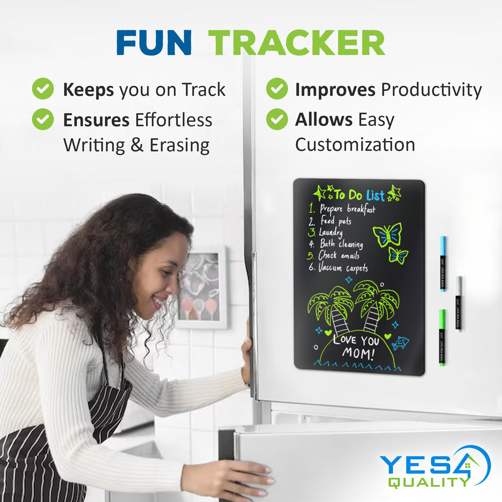 Magnetic Black Dry Erase Board for Fridge - 48 x 33 cm - Stain Resistant with 3 Magnetic, Fine Tip Neon Chalk Markers & Eraser - by Yes4Quality