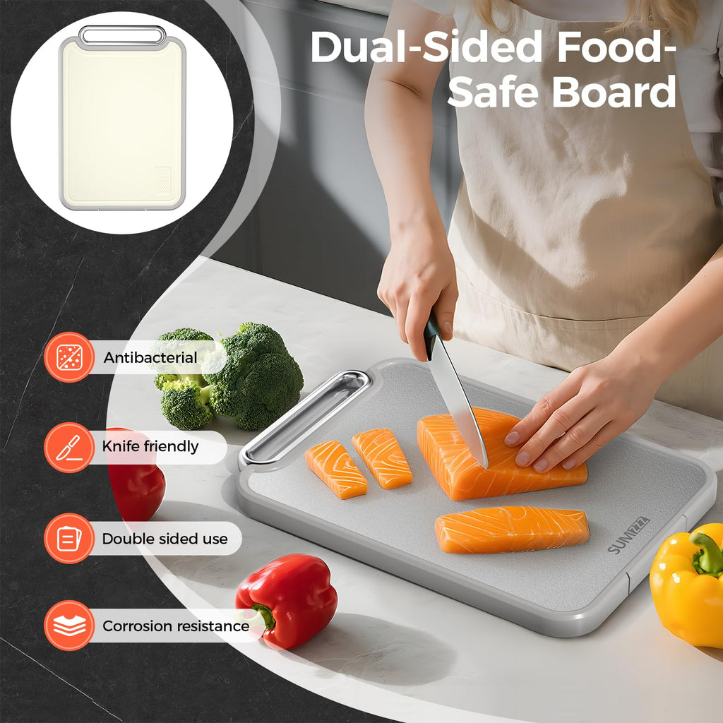 Sumzzz Stainless Steel Cutting Board for Kitchen, 2-in-1 Double-Sided Chopping Board, Dishwasher Safe, Food Grade Stainless Steel/PP, Easy to Clean, Large Size, Non-Slip, 16”×11”