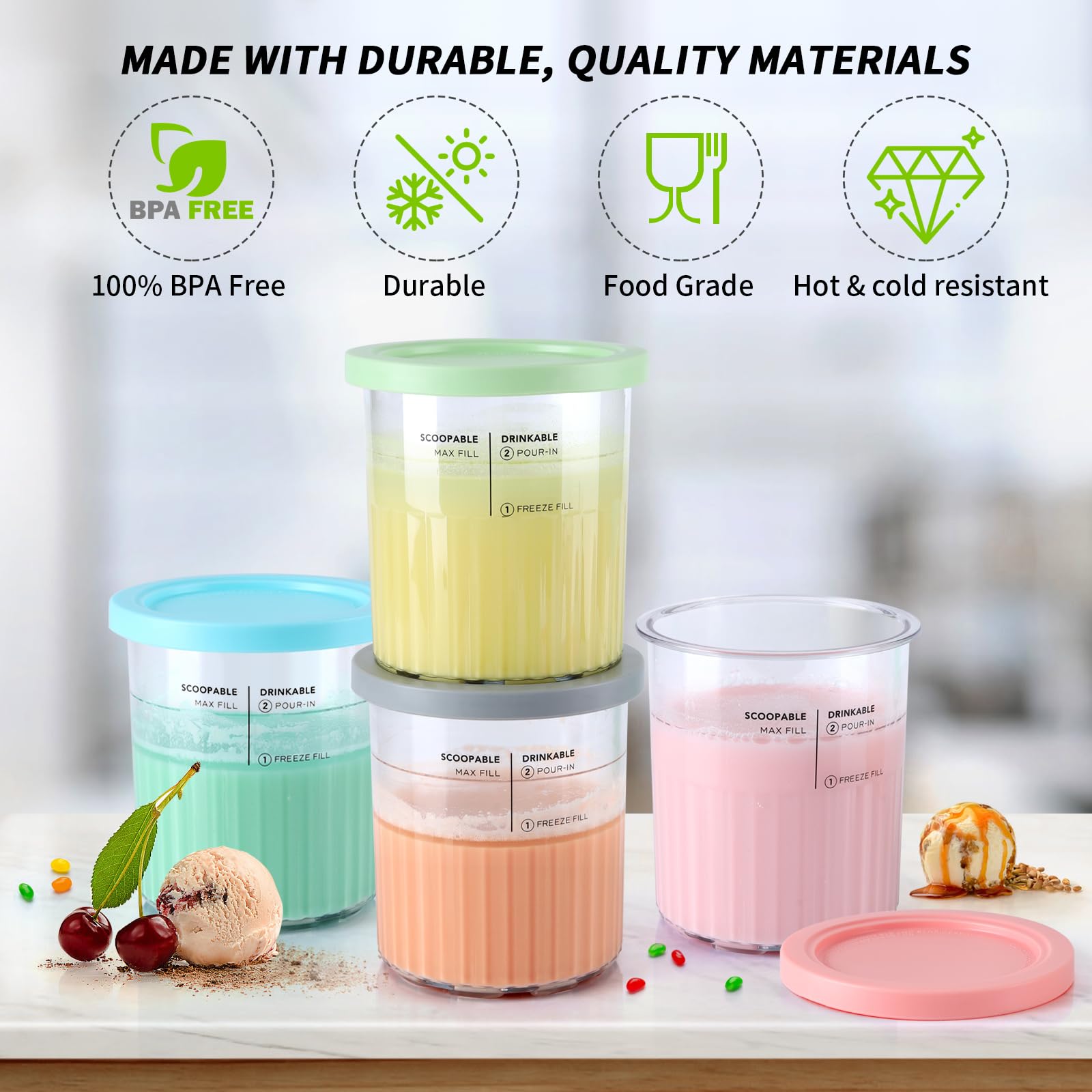 4 Pack Ice Cream Pints and Lids Compatible with Ninja Creami Deluxe Ice Cream Maker (NC501 Series) Ninja Creami Deluxe Containers