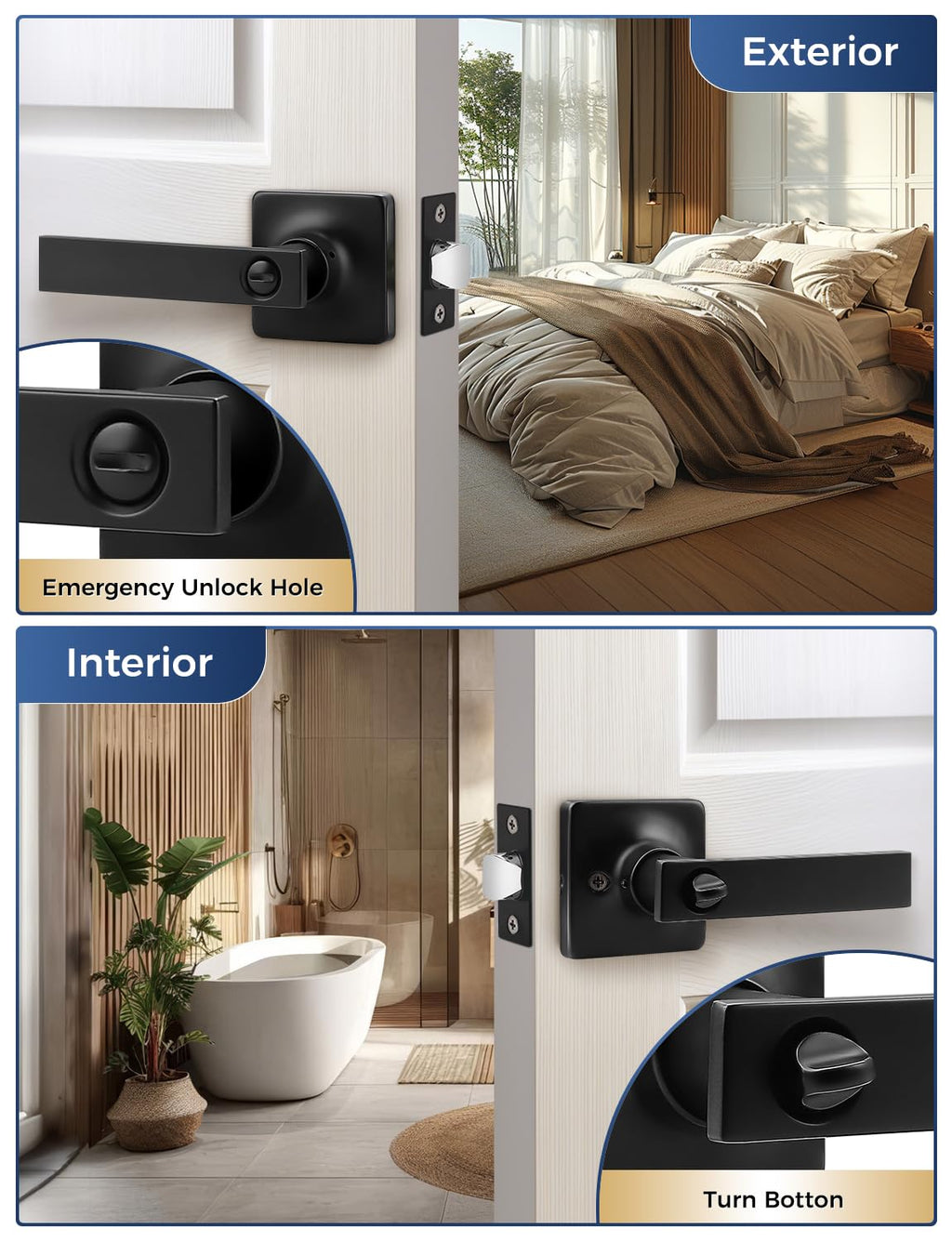 Mengico 1 Pack Black Privacy Lever Door Handle Interior with Lock, Heavy Duty Square Door Lever for Bed/Bath, Keyless Door Locksets, Reversible for Left Right Handed Doors