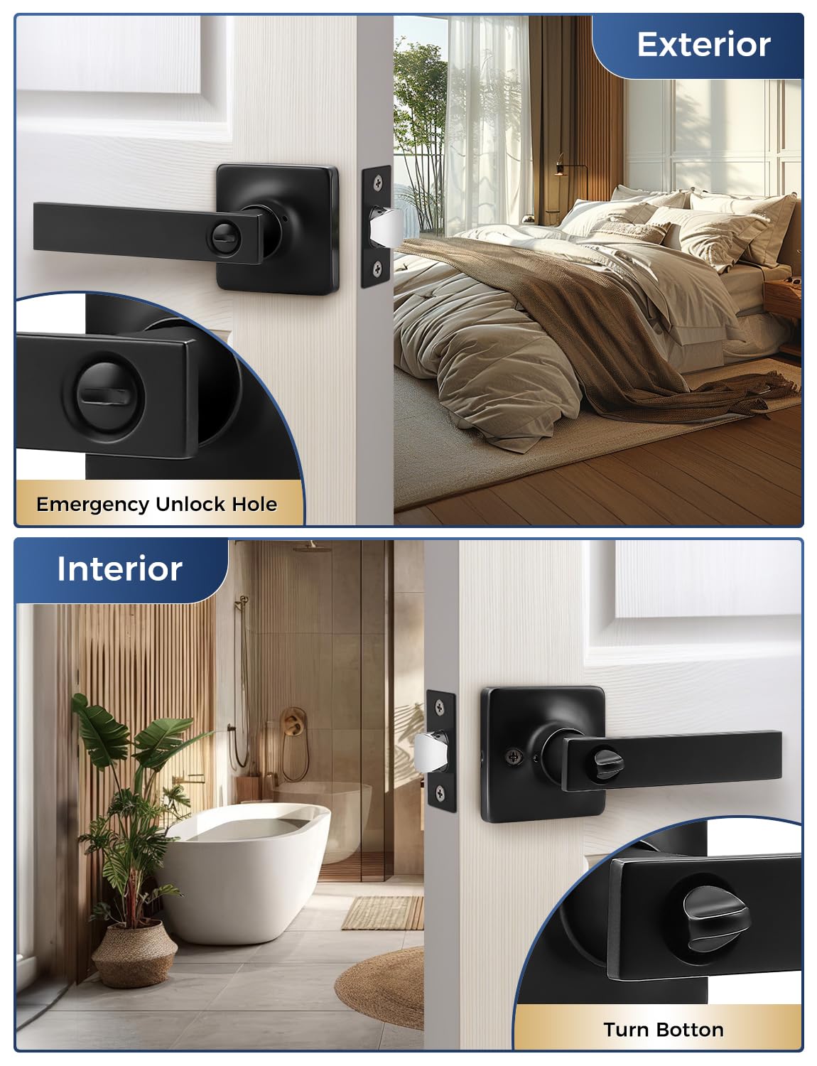 Mengico 1 Pack Black Privacy Lever Door Handle Interior with Lock, Heavy Duty Square Door Lever for Bed/Bath, Keyless Door Locksets, Reversible for Left Right Handed Doors