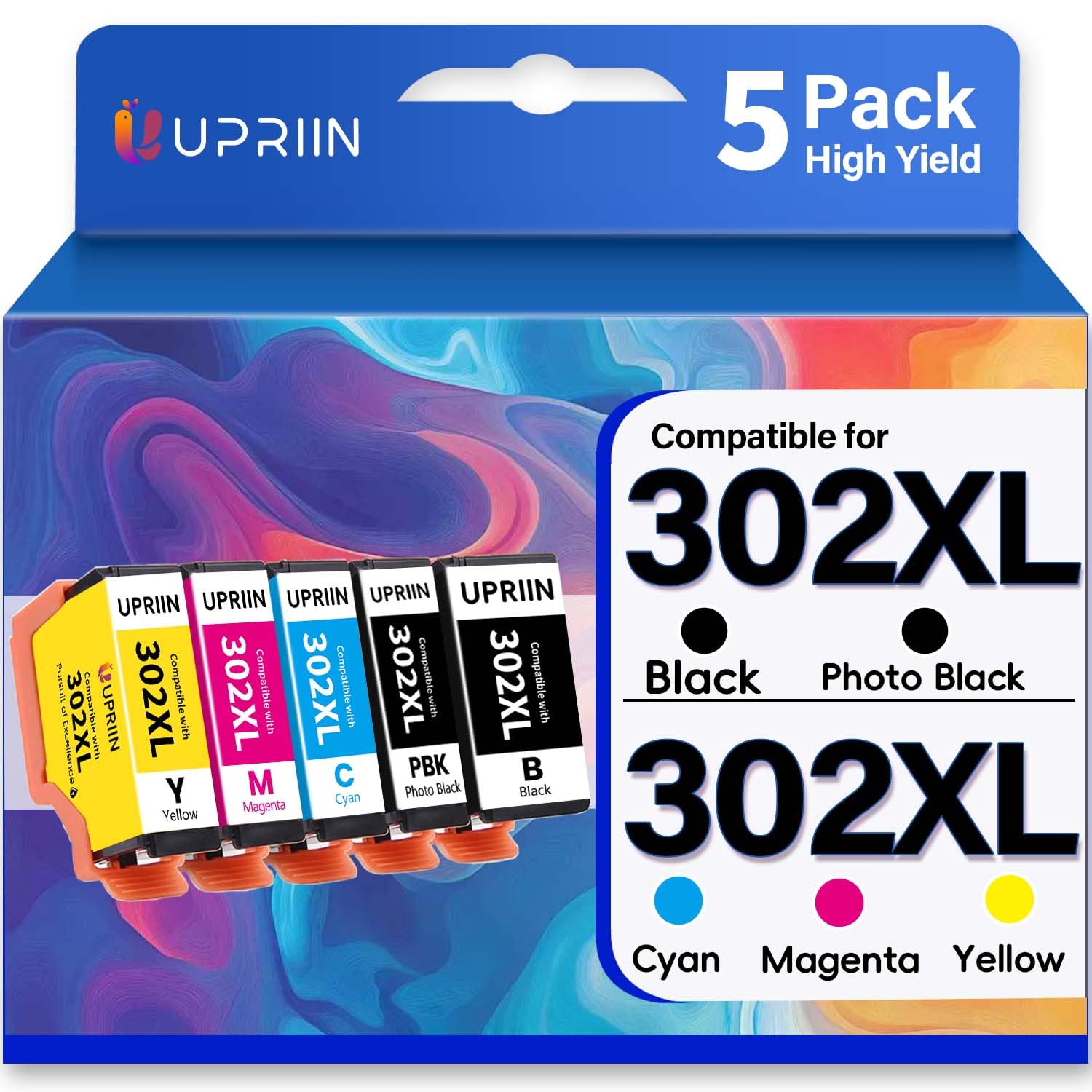 UPRIIN Compatible for 302 302XL Ink Cartridges Remanufactured Replacement for 302XL T302XL Ink Cartridges use for Expression Premium XP-6100 XP-6000 (5 Pack)
