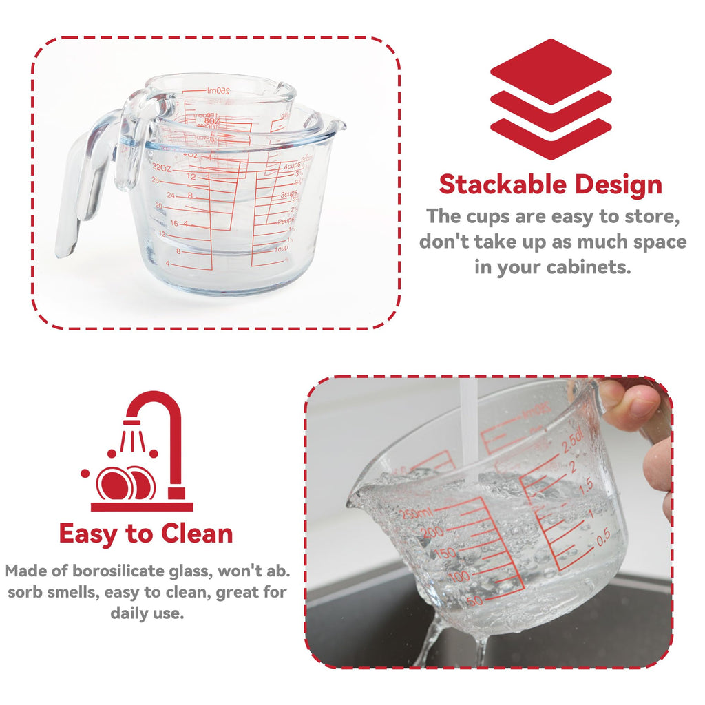 CUTEPLAN 6 Pcs Glass Measuring Cups Set with Lids (Strainer Included) - 1-Cup/2-Cup/4-Cup Nesting Jugs with Easy-Grip Handles, Kitchen Liquid Measuring
