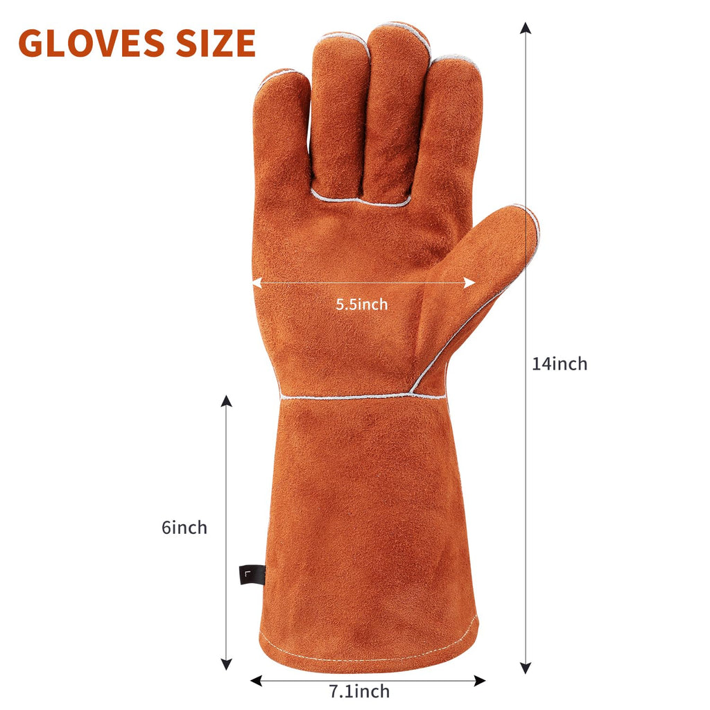 Vclpower Fireplace Gloves Fire Heat Resistant: 932°F Fireproof Leather for Fireplace Fire Pit Wood Stove Campfire Furnace BBQ Baking,Grill Oven Stick Mig Tig Welding Welder Gear for Man L 14in Brown